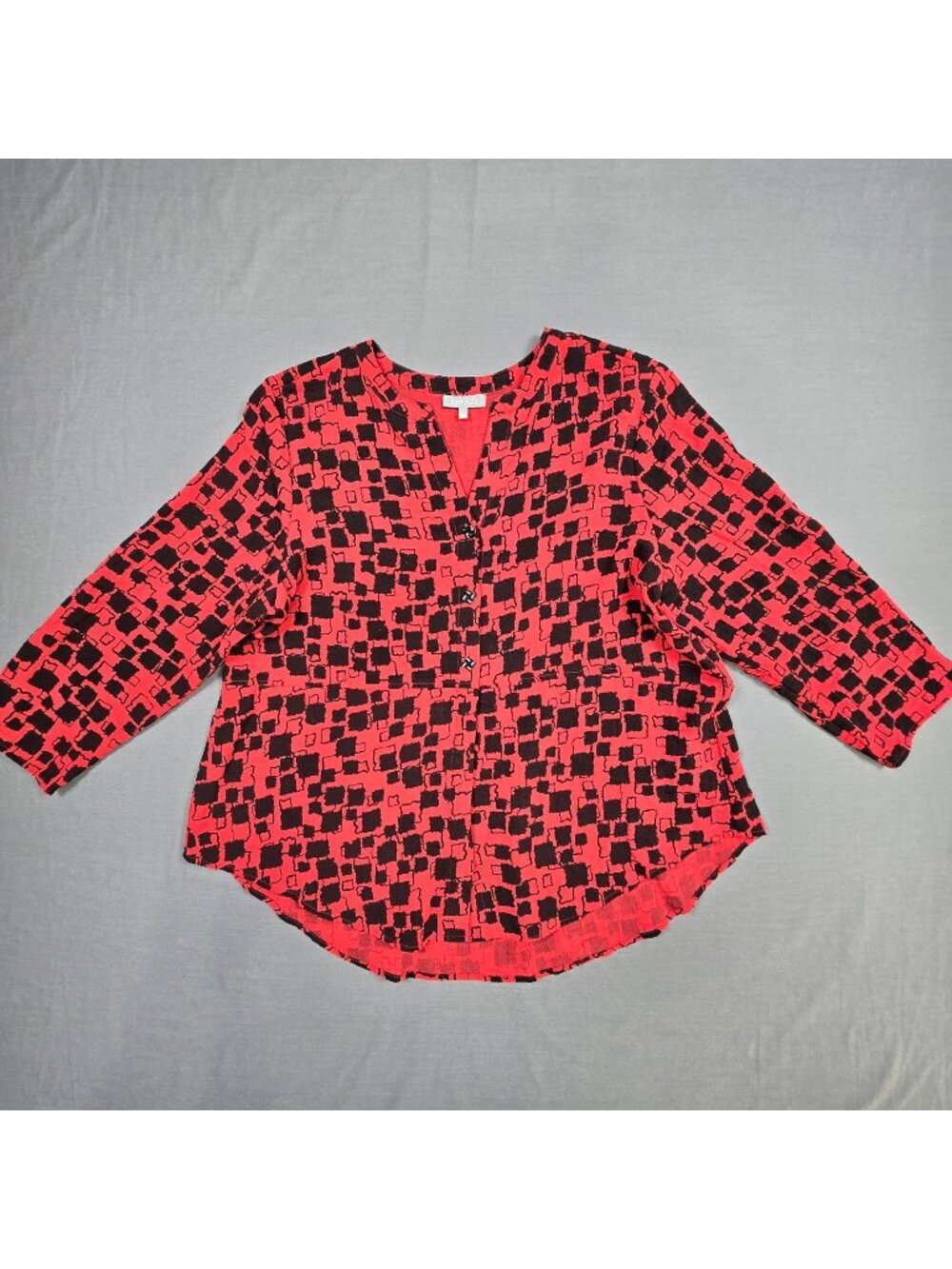 Habitat Womens L Tunic Top Black/Red 3/4 Sleeve V-Neck Geometric Pattern Artsy